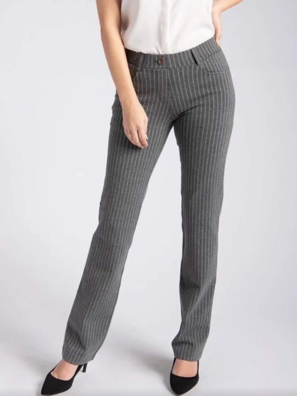 New Betabrand Silver Pinstripe Straight Dress Pant Yoga Pants XSmall